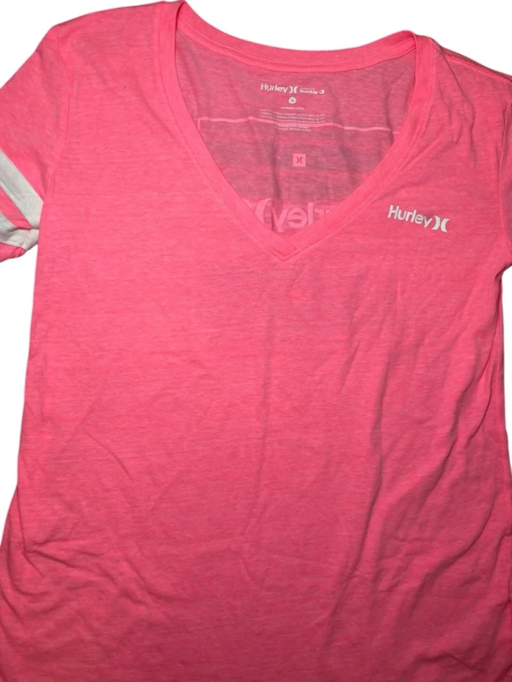 Hurley Y2K Neon Pink Graphic Tee Striped Sleeves Logo Surf Skater Women’s Medium - Picture 4 of 12